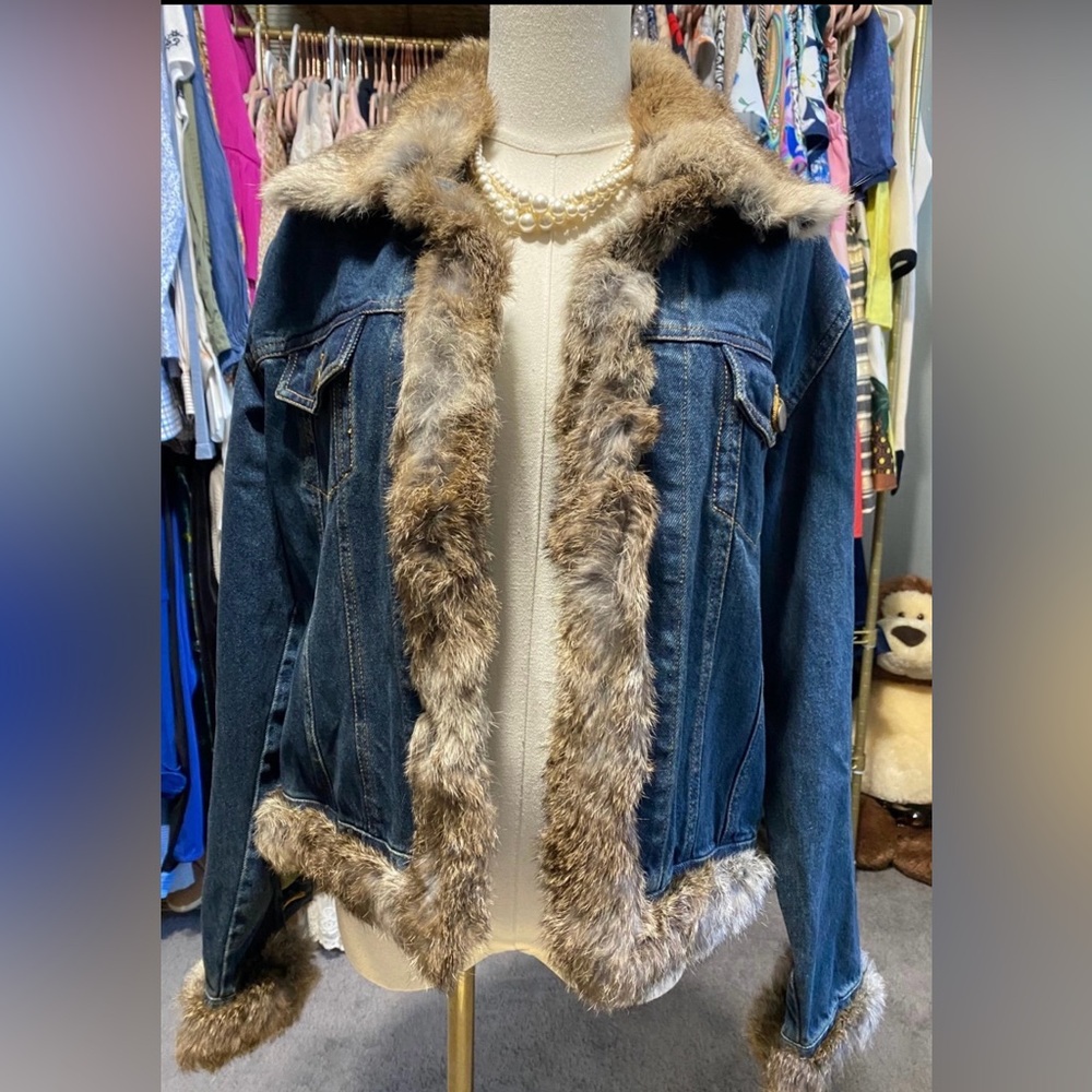 La Fiorentina Dark Blue Denim Jacket with Brown Faux Fur Trim
